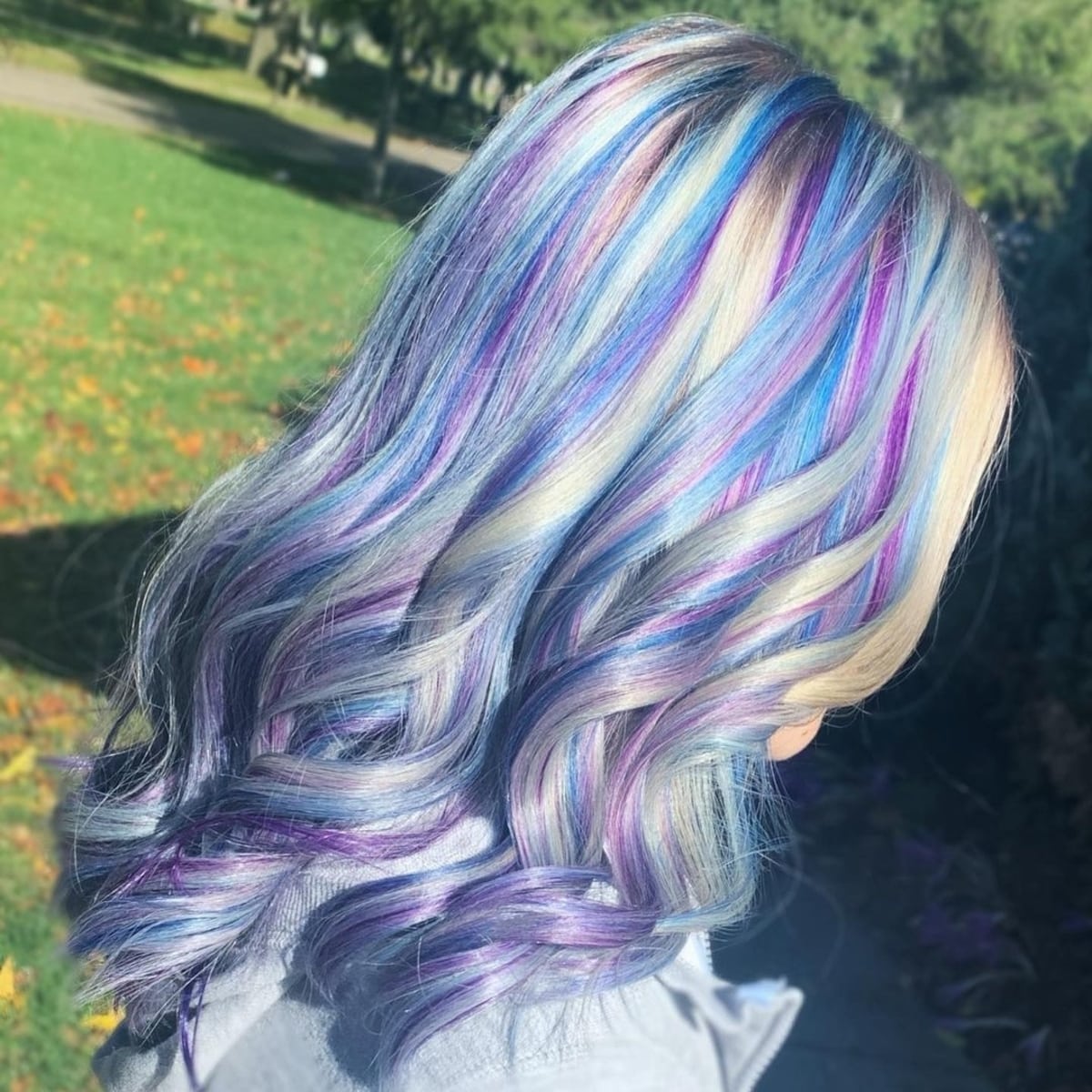 Light blue and purple hair highlights