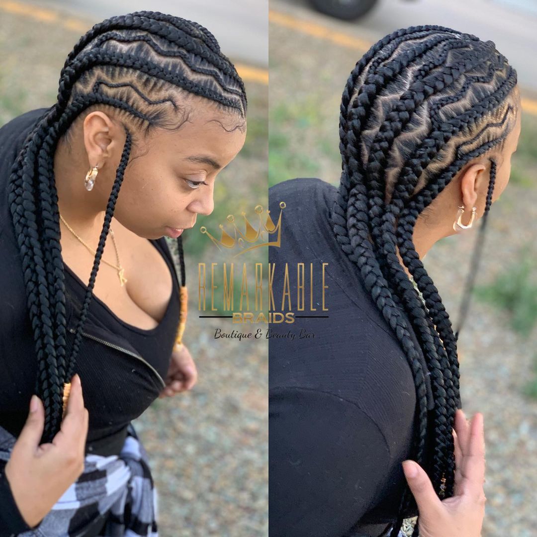 Thicker Stitch Braids with Thin Cornrows Between Them