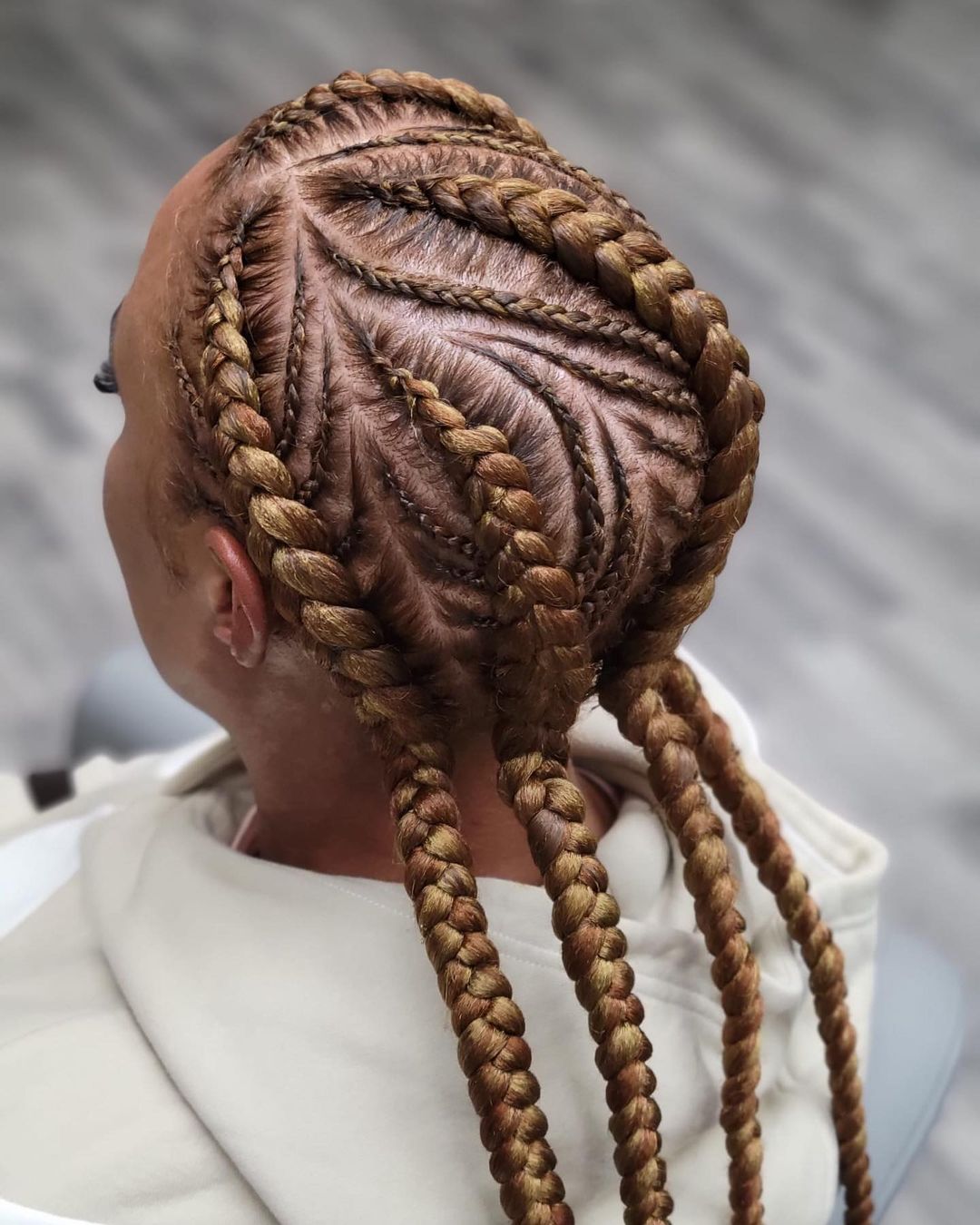 Four Golden Brown Cornrows with Small Braids Detail