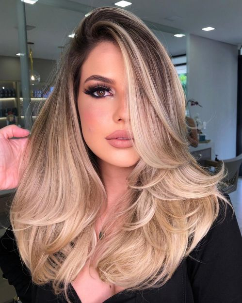 Beige Blonde Highlights on Long Layered Hair