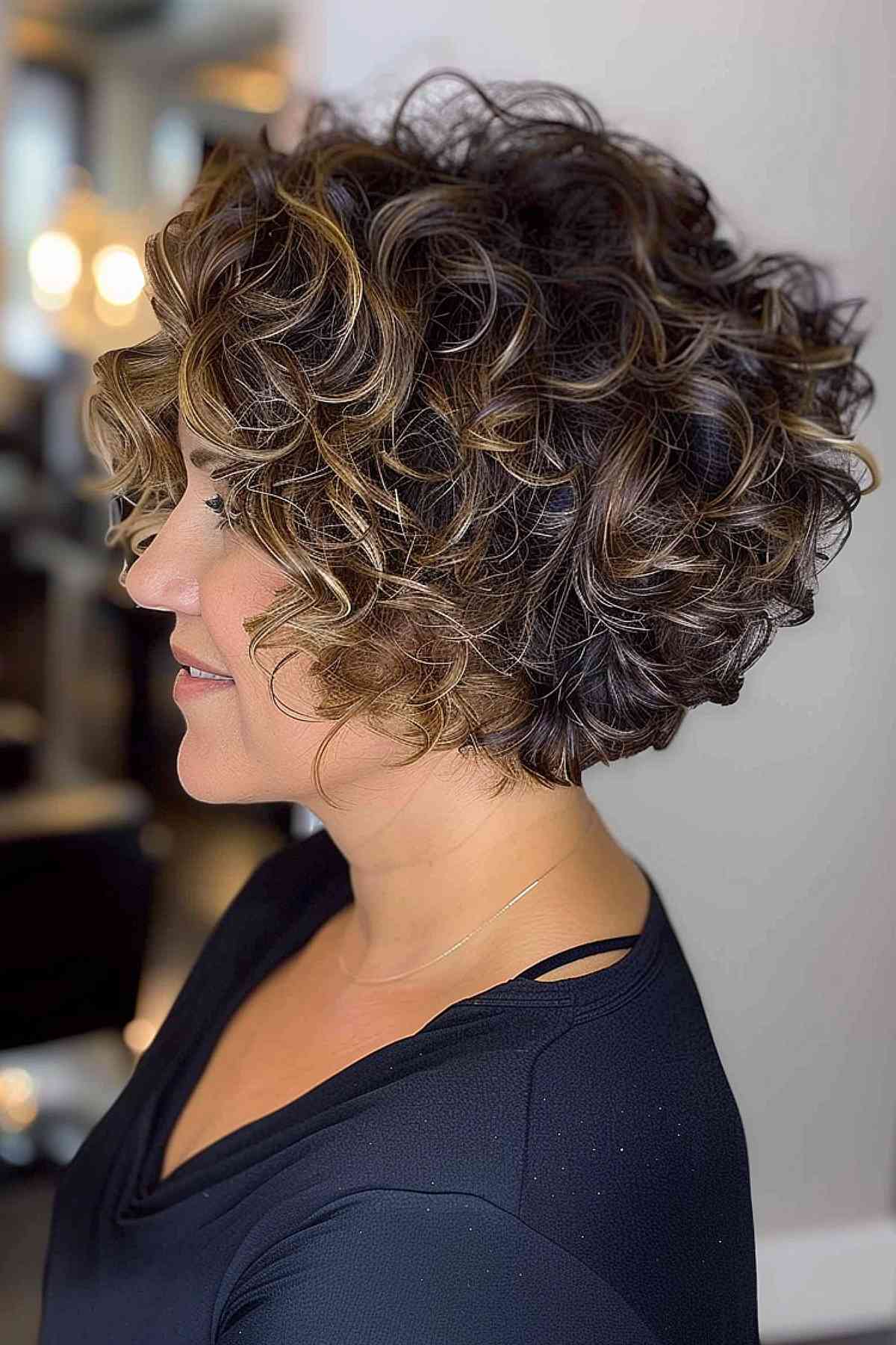 Short Curly Stacked Bob with Bangs