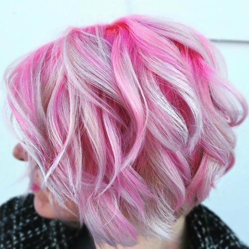 Pink Wavy Bob with Platinum Highlights