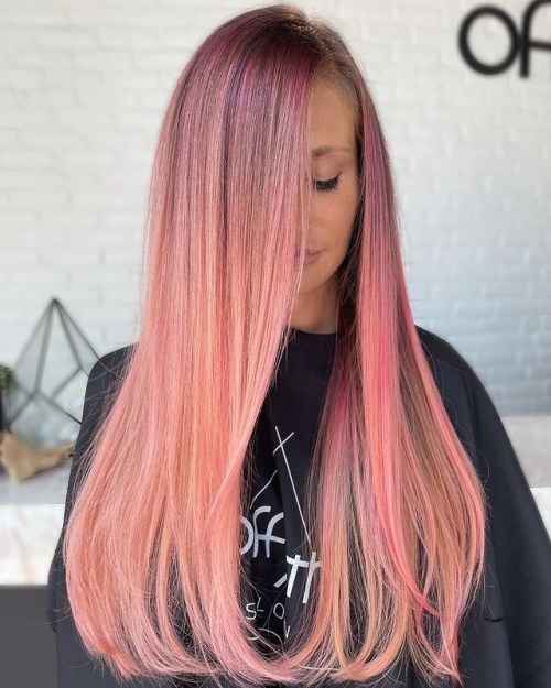 Dimensional Pink and Peach Hair Color