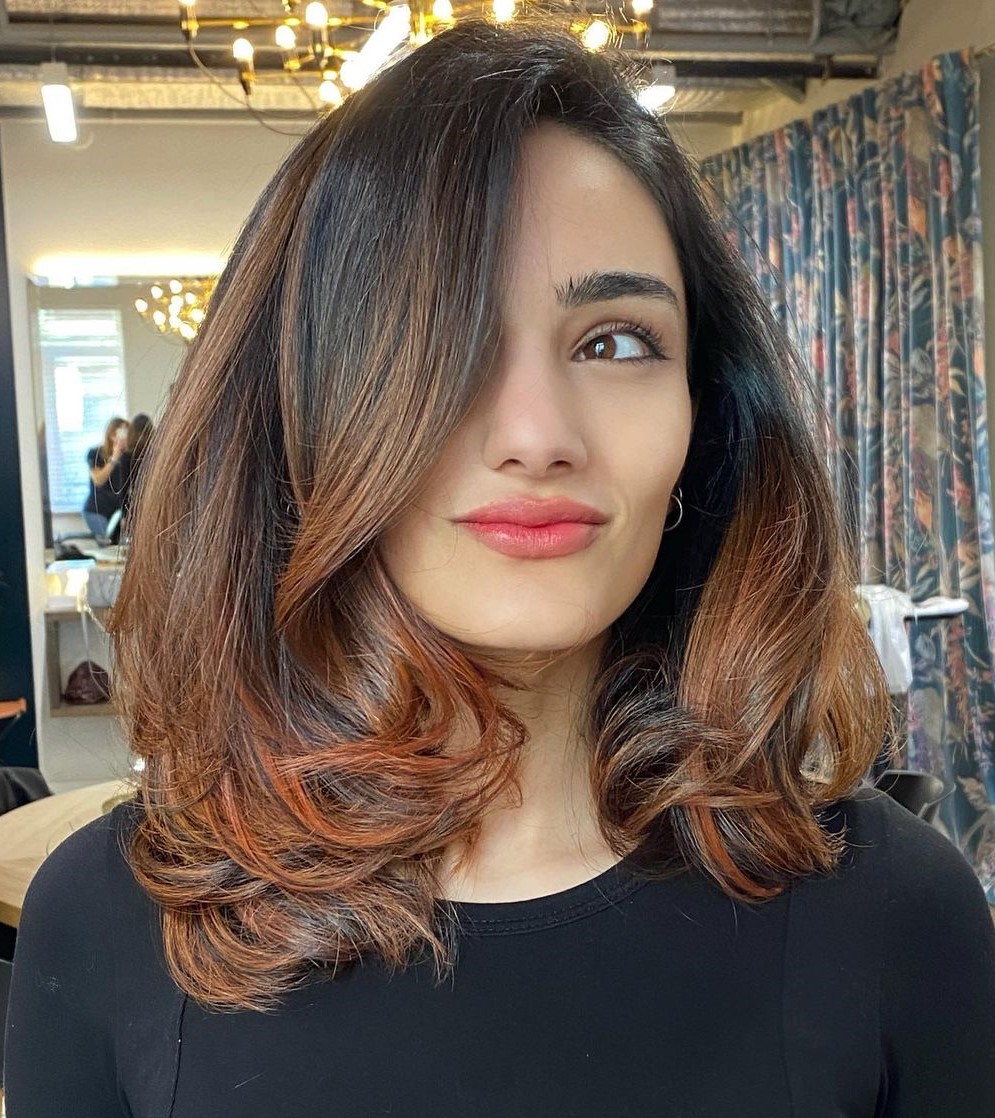 Shoulder Length Thick Hair with Partial Copper Balayage'