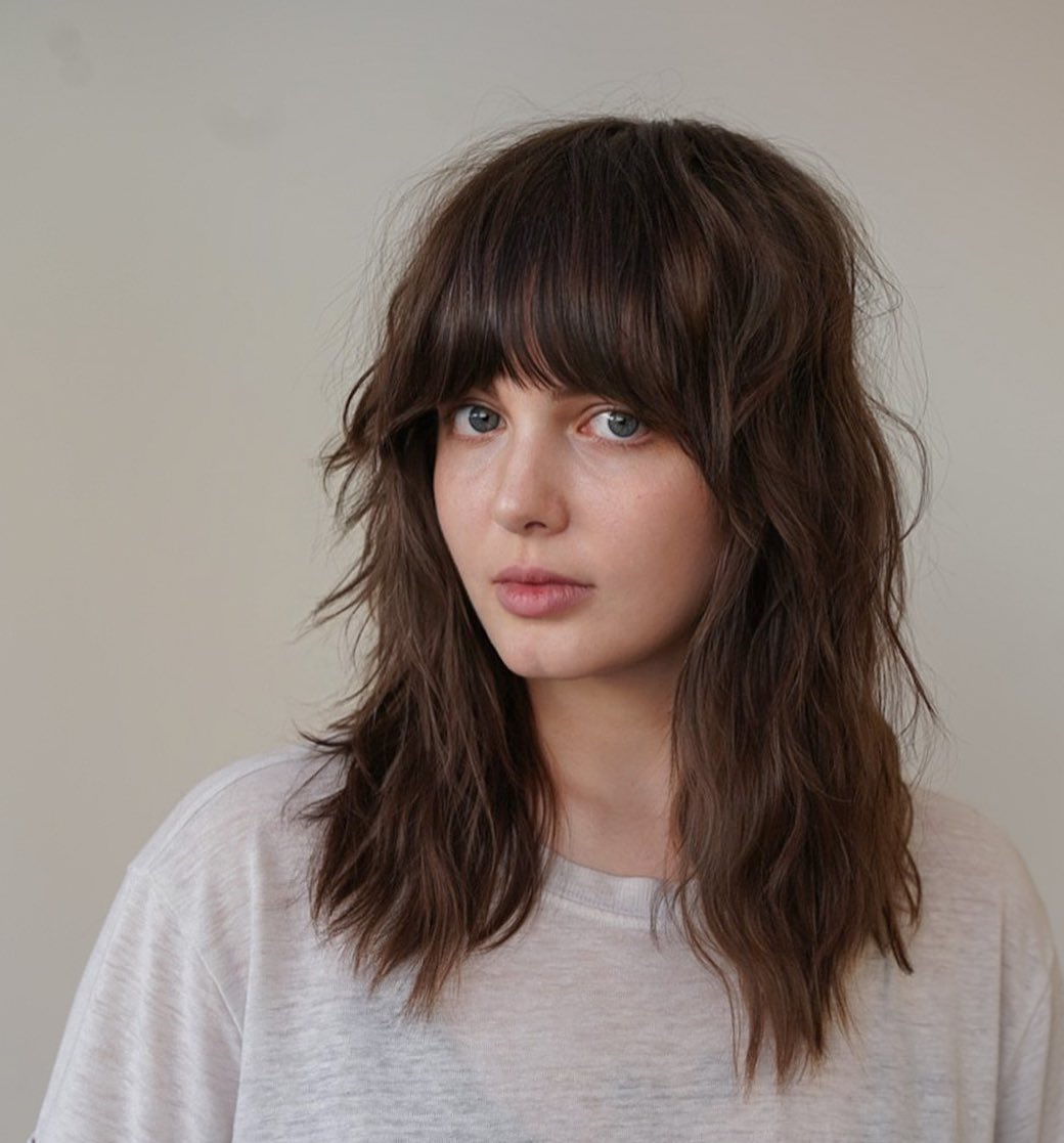 Mid Length Wolf Cut for Thin Brown Hair