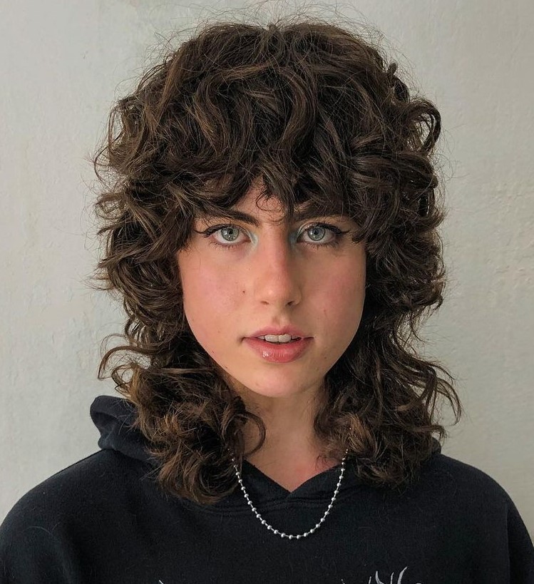 Brown Shoulder Length Curly Shag Cut