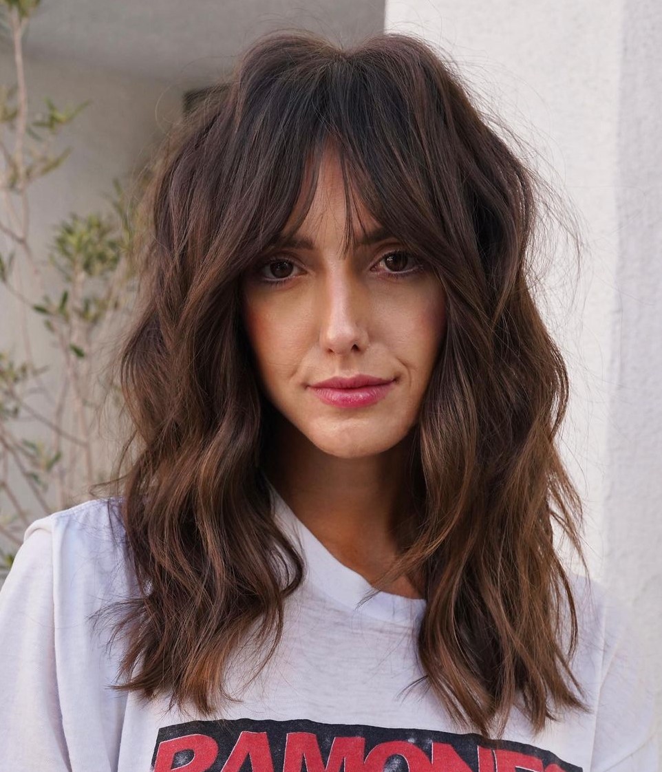 Medium Brown Hair Color Fade on Medium Wavy Hairstyle with Bangs