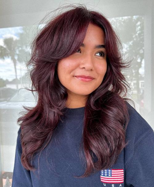 Long Feathered Burgundy Shag with Flyaways