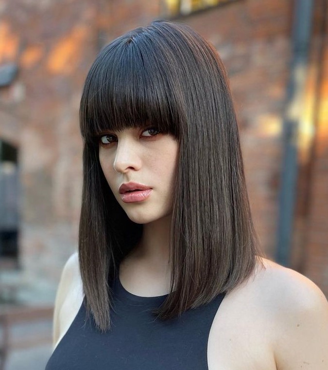 Sleek Long Bob with Full Straight Bangs