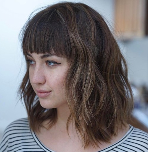 Wavy Lob With Above The Eye-Brow Bangs