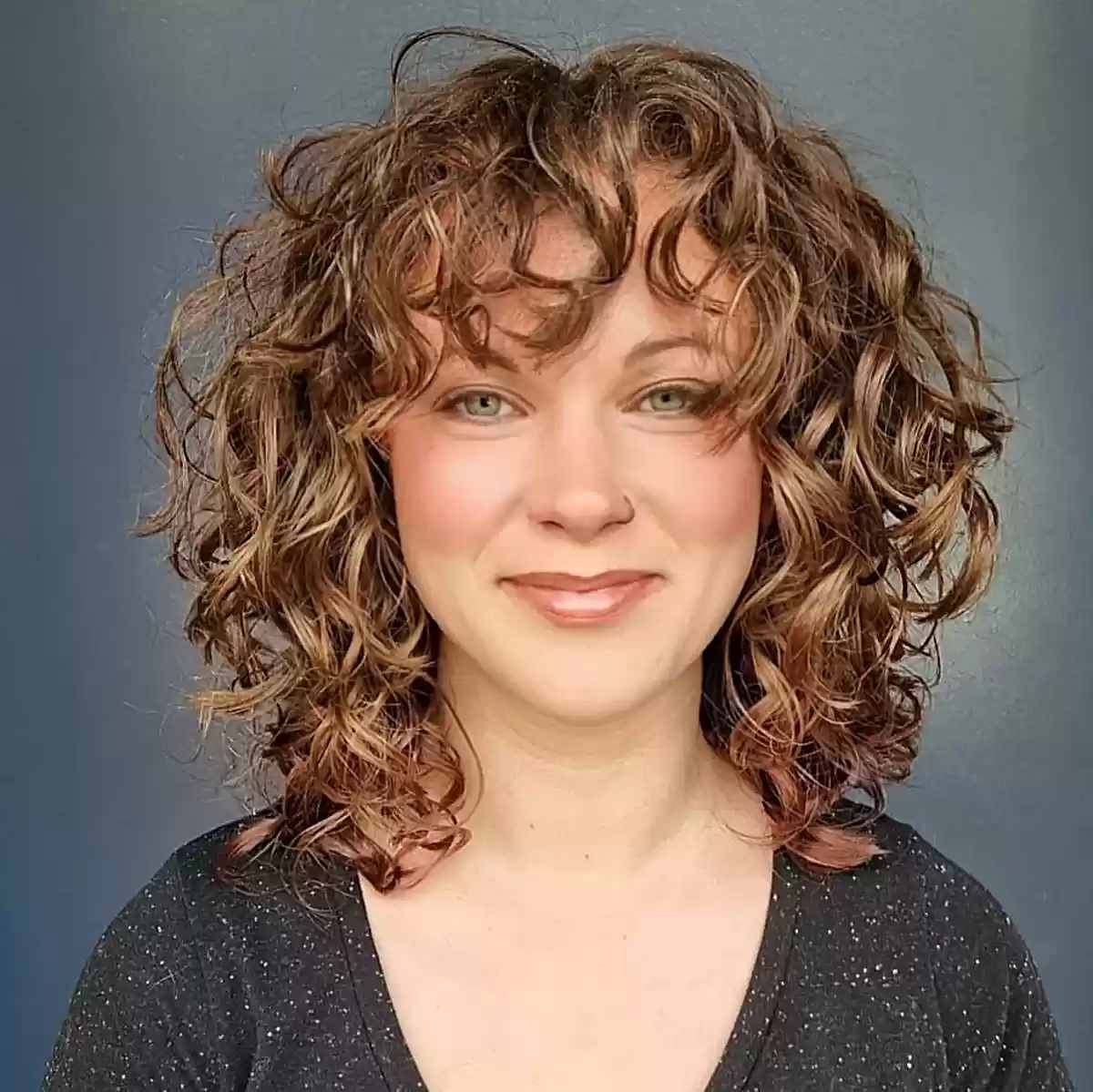 Shaggy Lob Cut with Loose Big Curls and Bangs