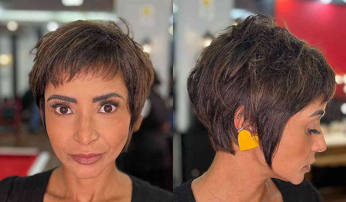 Feminine Brunette Pixie Cut with Sweeping Bangs