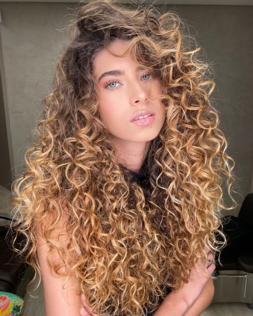 Long Hair with Defined Waves and Blonde Balayage