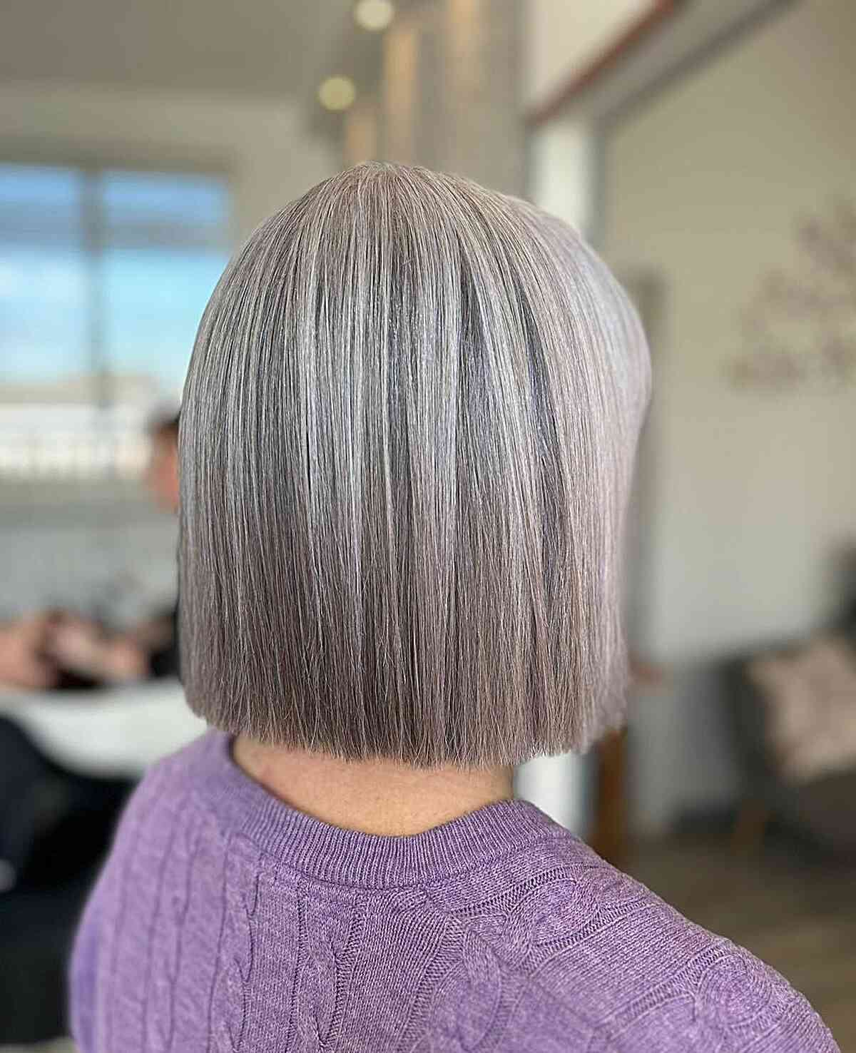 Shorter Straight Grey Box Bob for Thick Hair