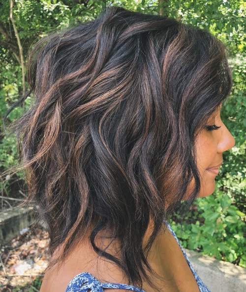 Shaggy Wavy Black Bob With Brown Highlights