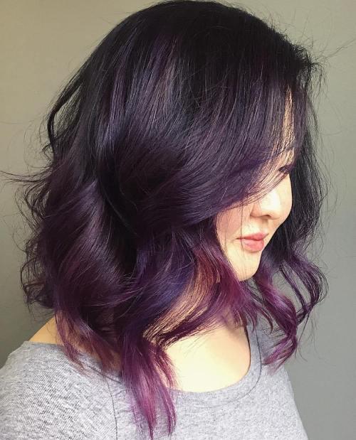 Black Wavy Bob With Purple Balayage