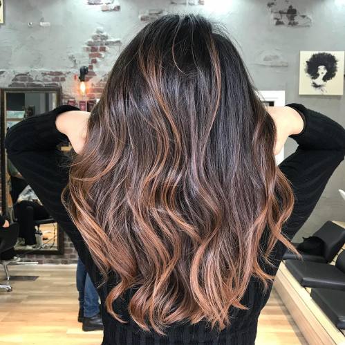 Long Wavy Black Hair With Caramel Balayage