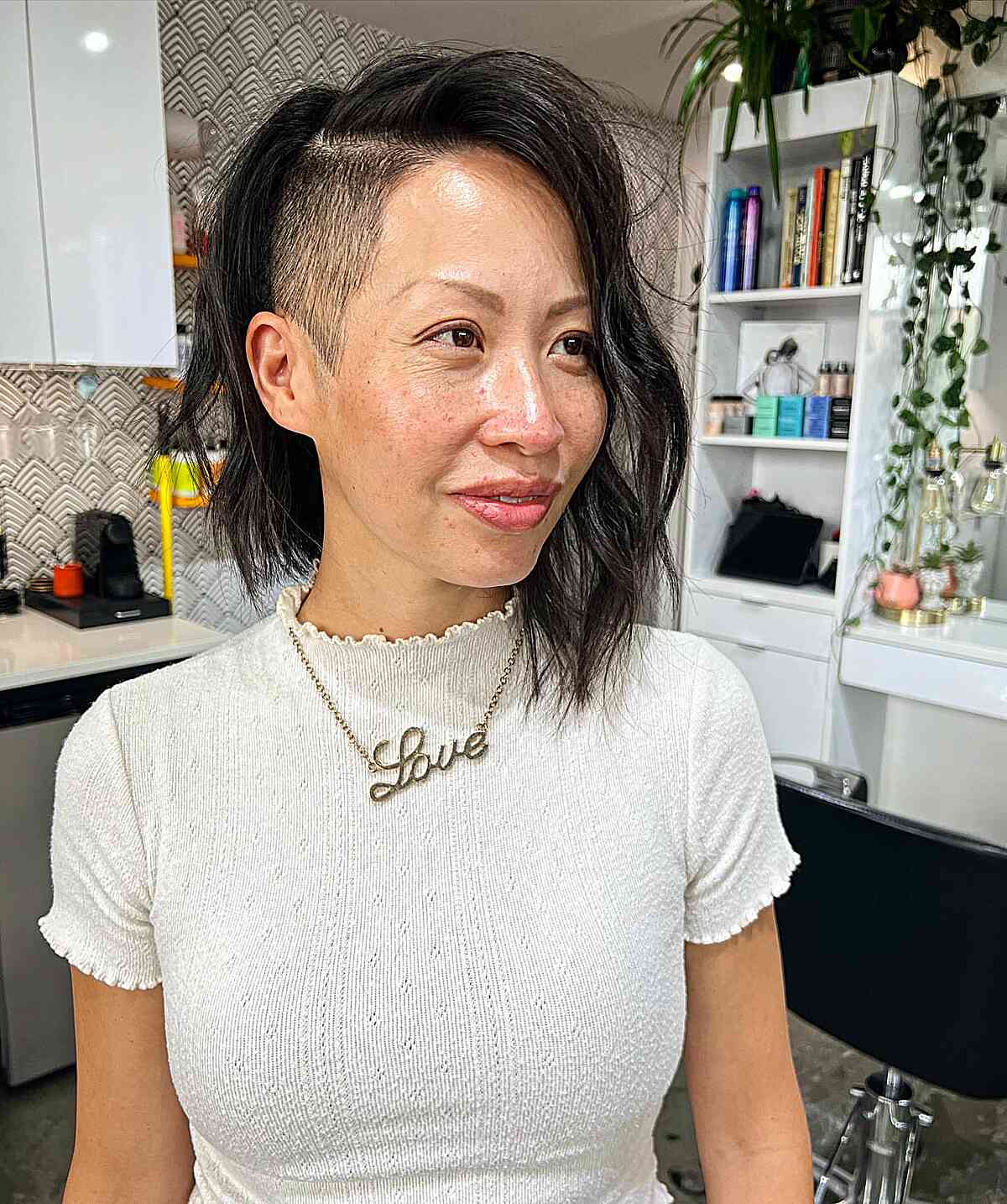 Neck-Length Hair with Asymmetrical Undercut Textured Wavy Lob Cut