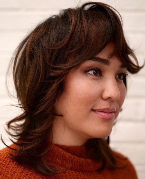 Dark Brown Layered Hair with Bottleneck Bangs