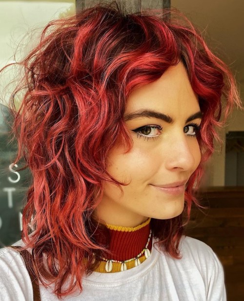 Curly Shag with Red Highlights