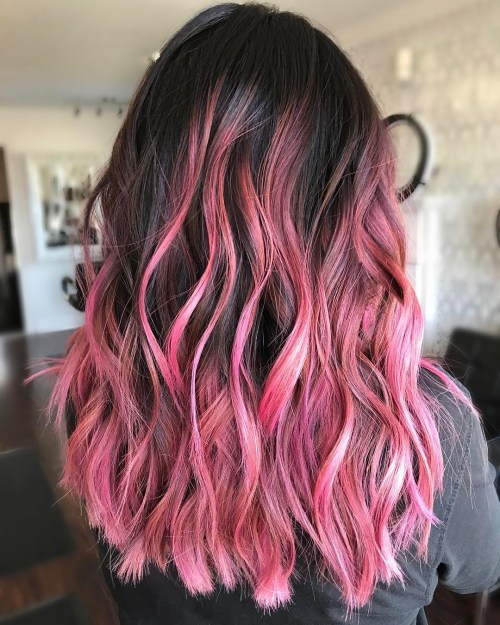 dark brown hair with pink balayage