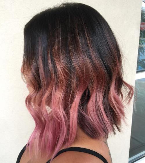 dark brown bob with pastel pink balayage