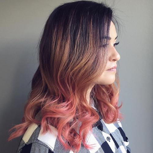 black hair with caramel and pink balayage 