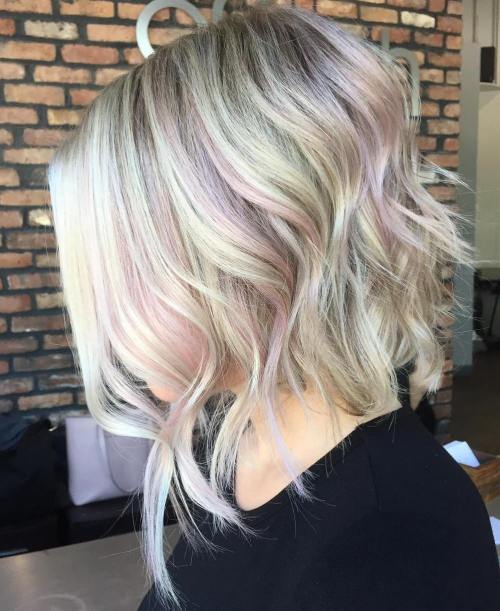 blonde bob with light pink highlights