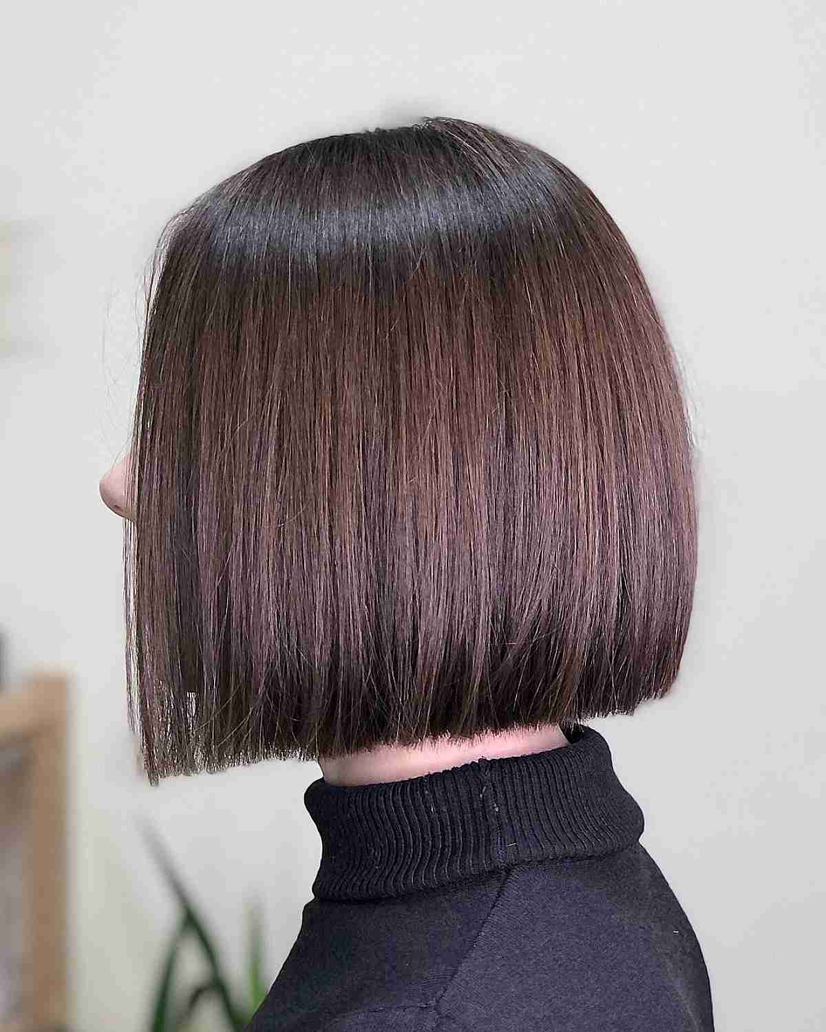 Short Neck-Length Brunette Blunt Cut Bob