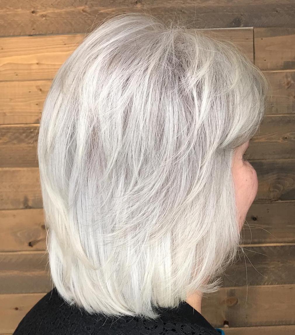 Shoulder Length White Gray Haircut for 60 and Over