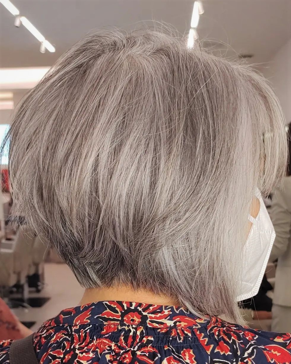 60+ Wispy Stacked Gray Bob