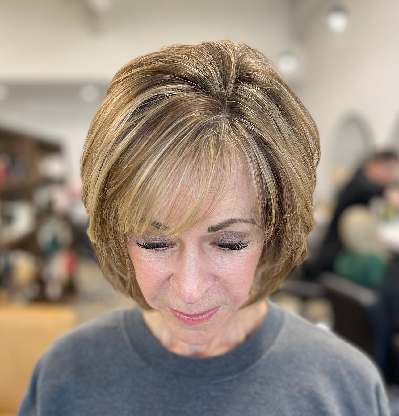 60+ Short Bob with Wispy Layers and Bangs