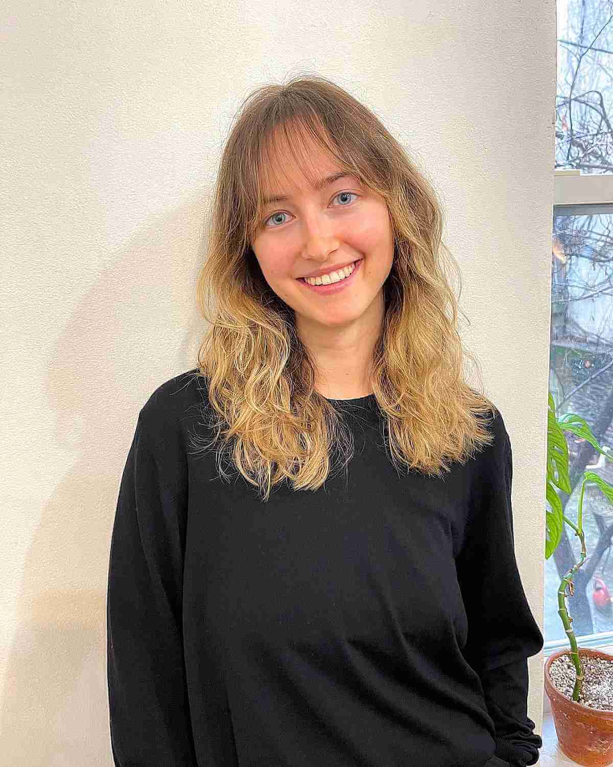 Messy Curls and Thin Brow-Length See-Through Bangs for Big Forehead