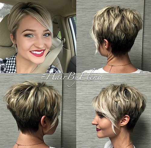 tapered  pixie with side bangs and blonde balayage