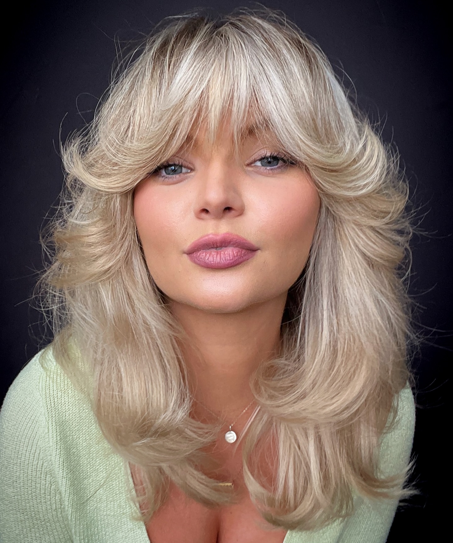 Long Blonde Shag with Flipped Layers and Bangs