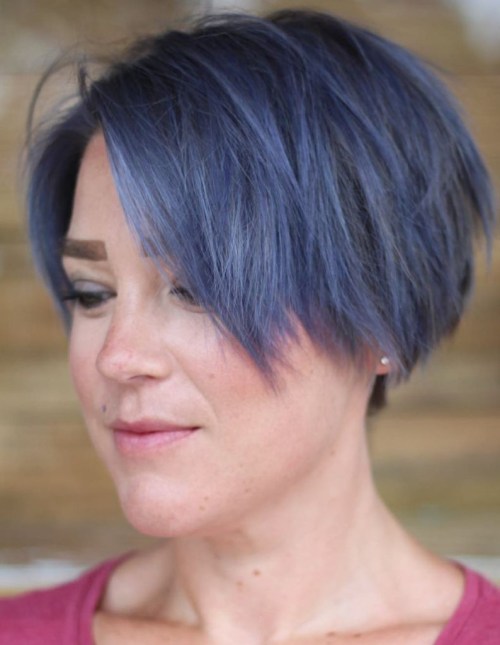 Pixie Bob Cut with Purple and Gray Highlights