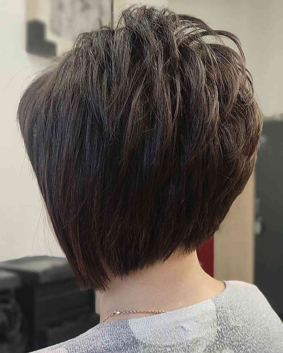 Short Brunette Stacked Pixie Bob for Straight Hair