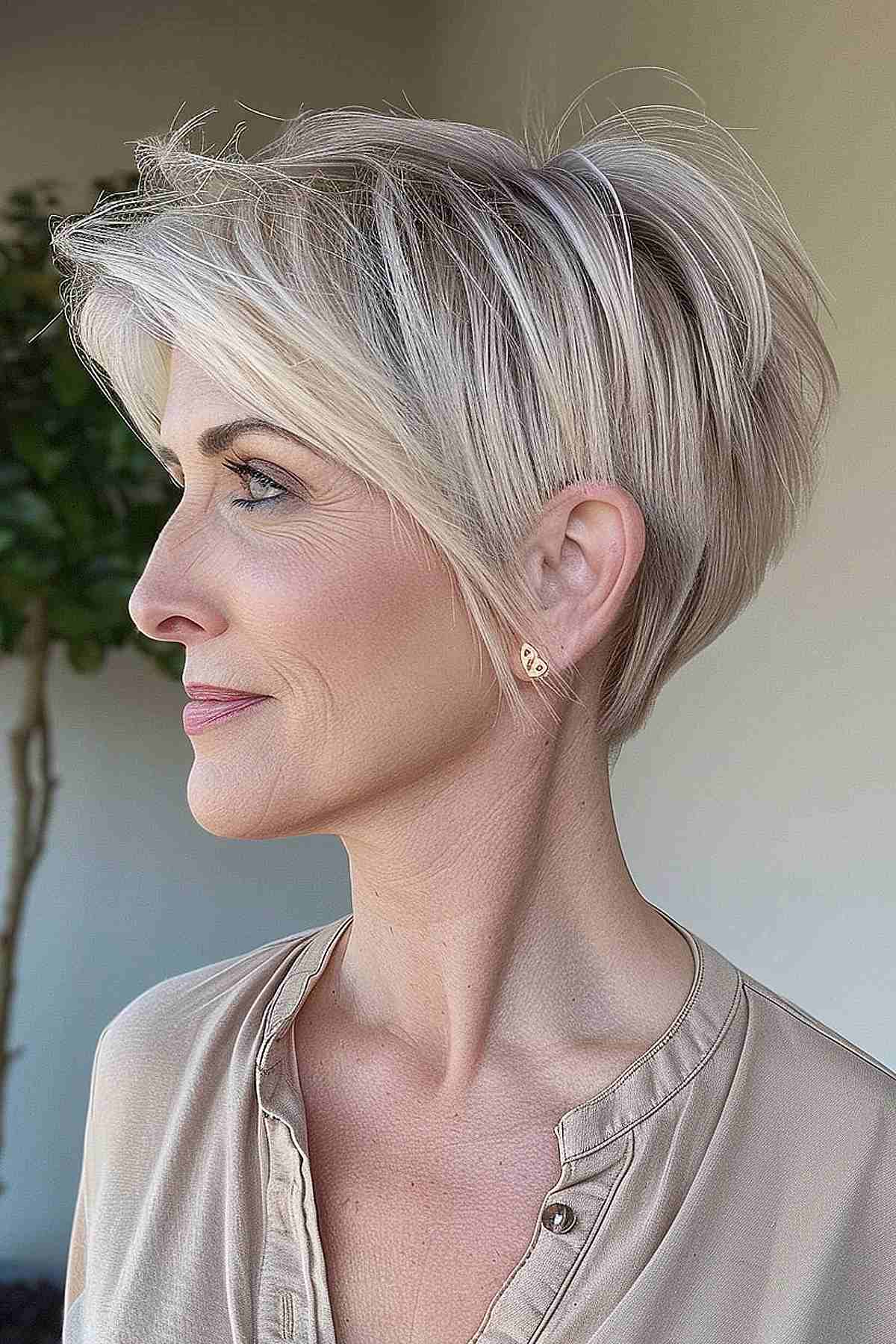 Short stacked pixie bob hairstyle with side-swept bangs and tapered nape for volume and easy maintenance