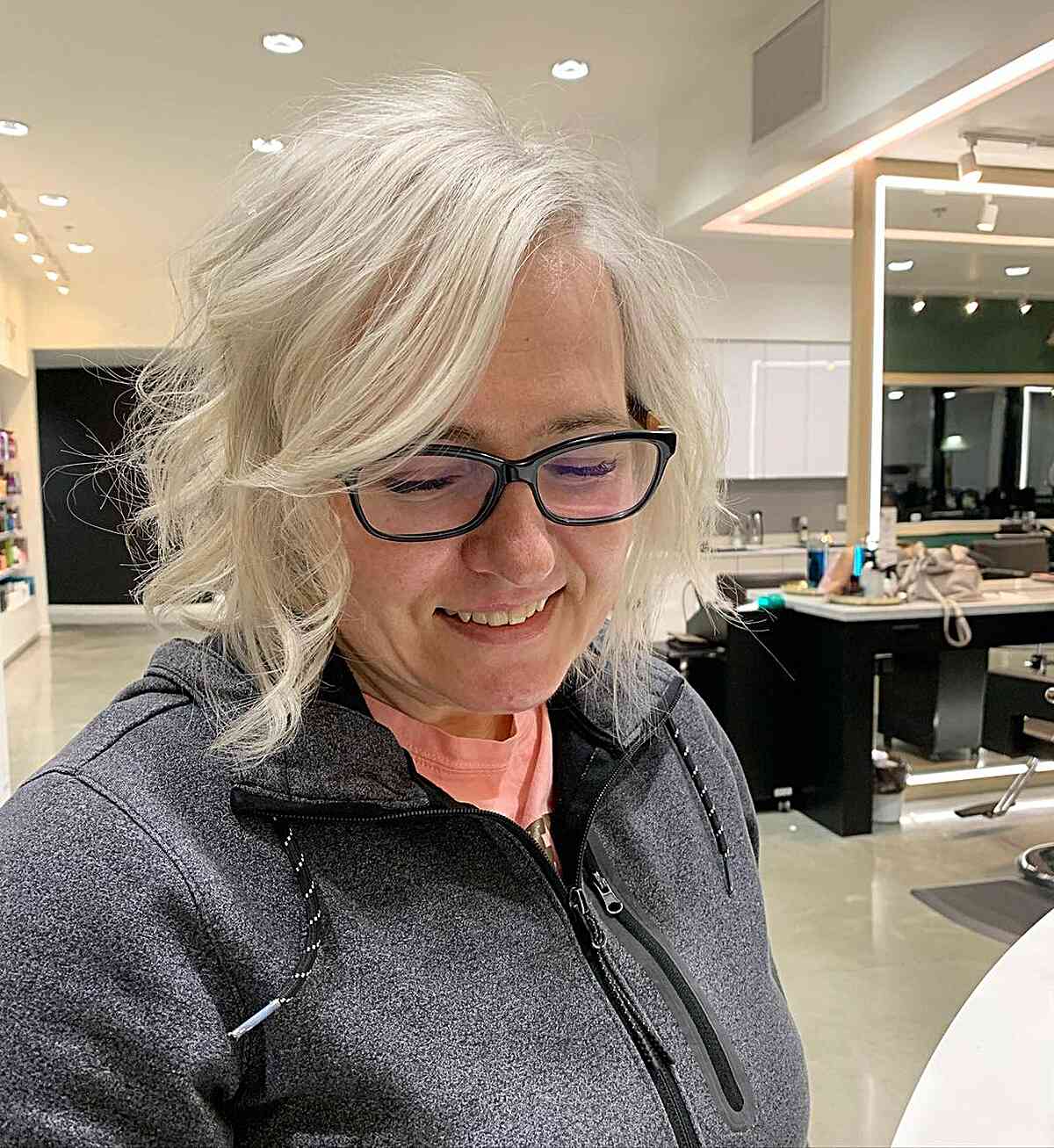 Curly Chin Bob with Platinum Highlights for Fine-Haired Ladies Aged 50