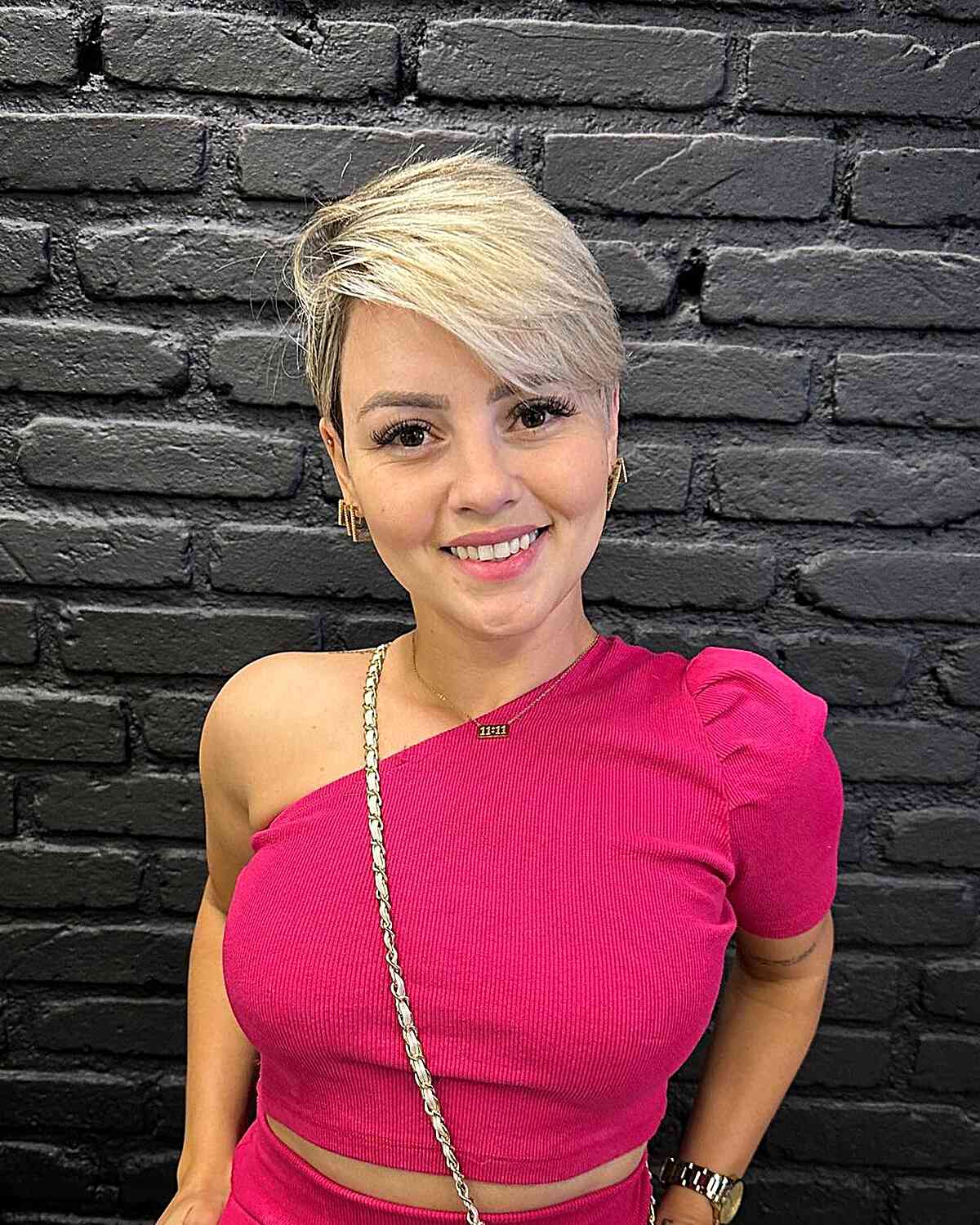 Rooted and Blonde Pixie with Swept Bangs for Oval Faces