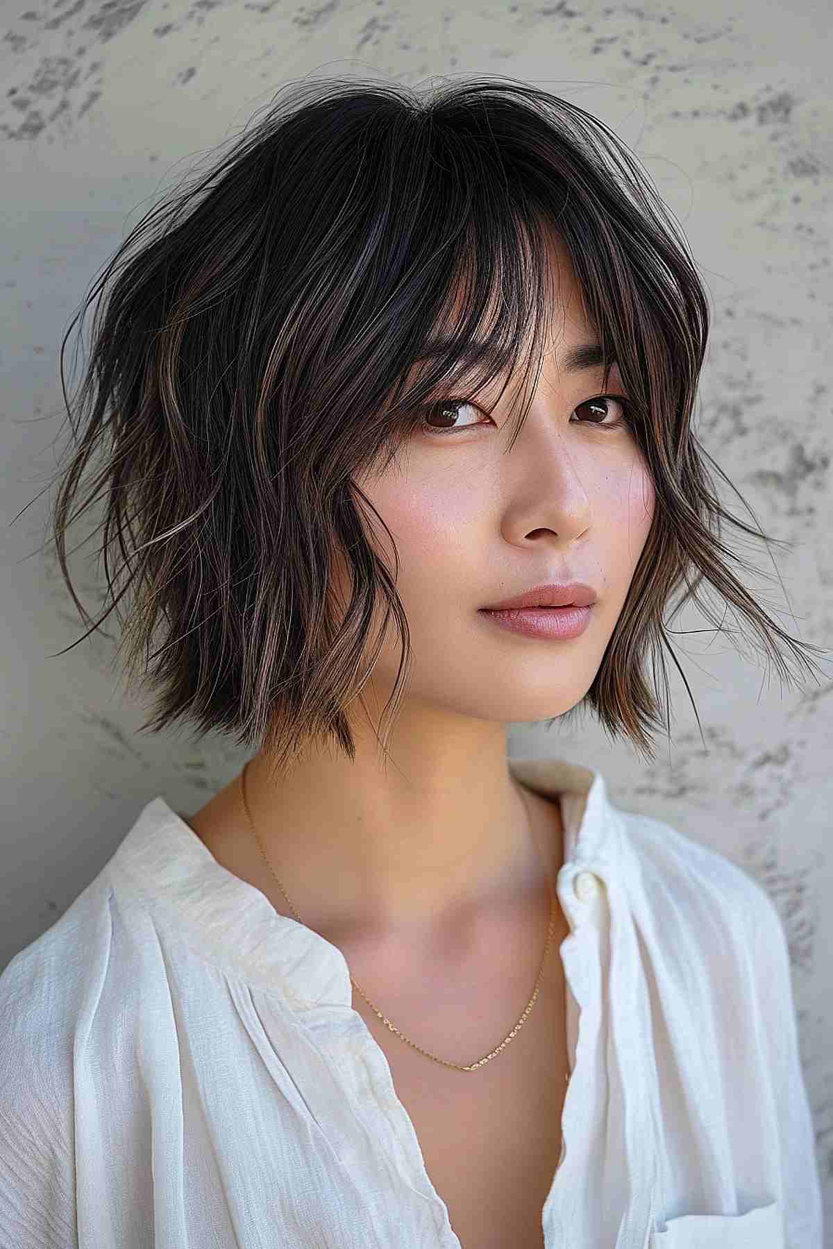 Chin-Length Messy Bob with Curtain Bangs