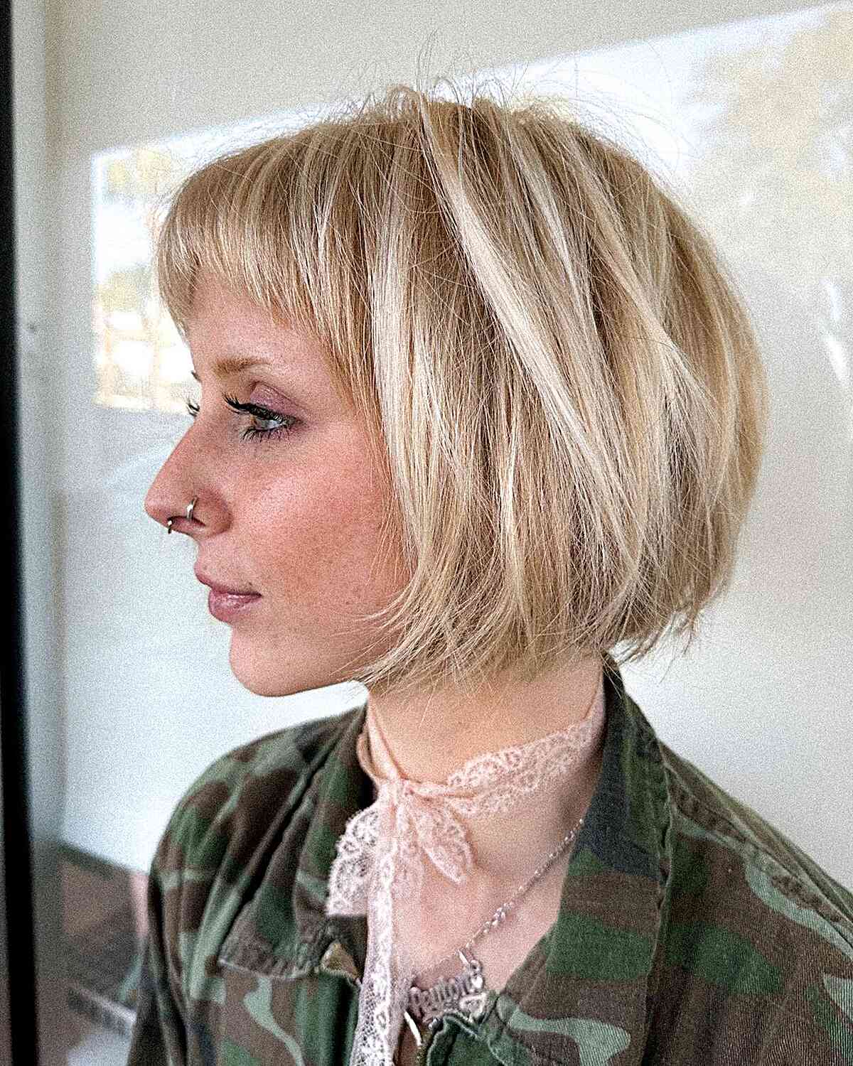 Textured Chin-Length Short Bob with Baby Bangs