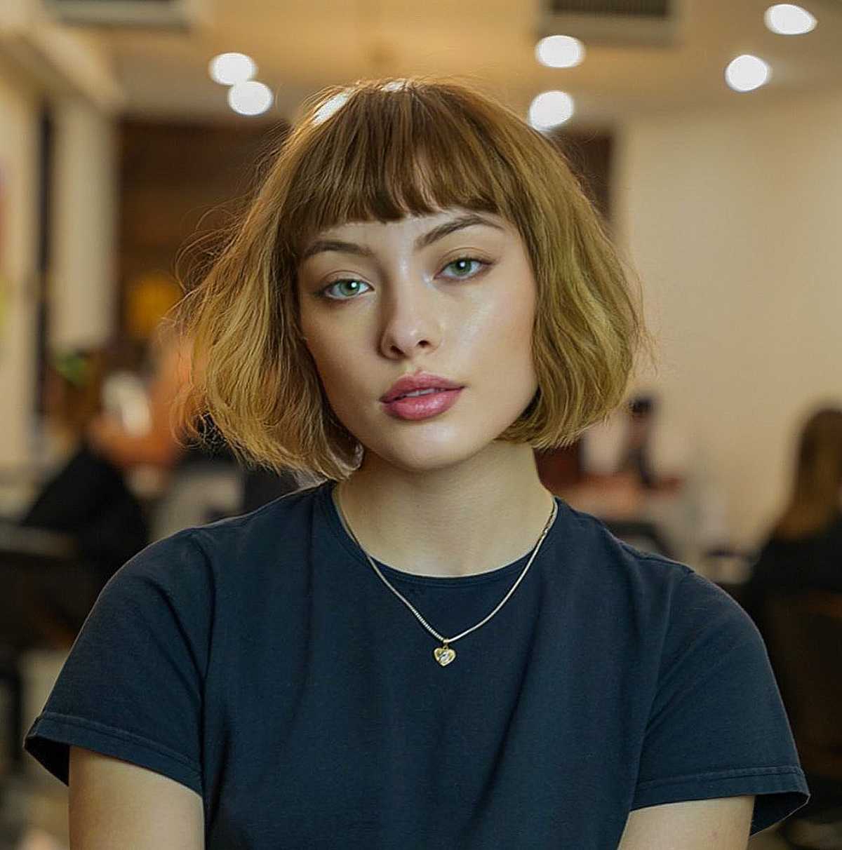 Razor Cut Tousled Chin-Length Bob with Bangs