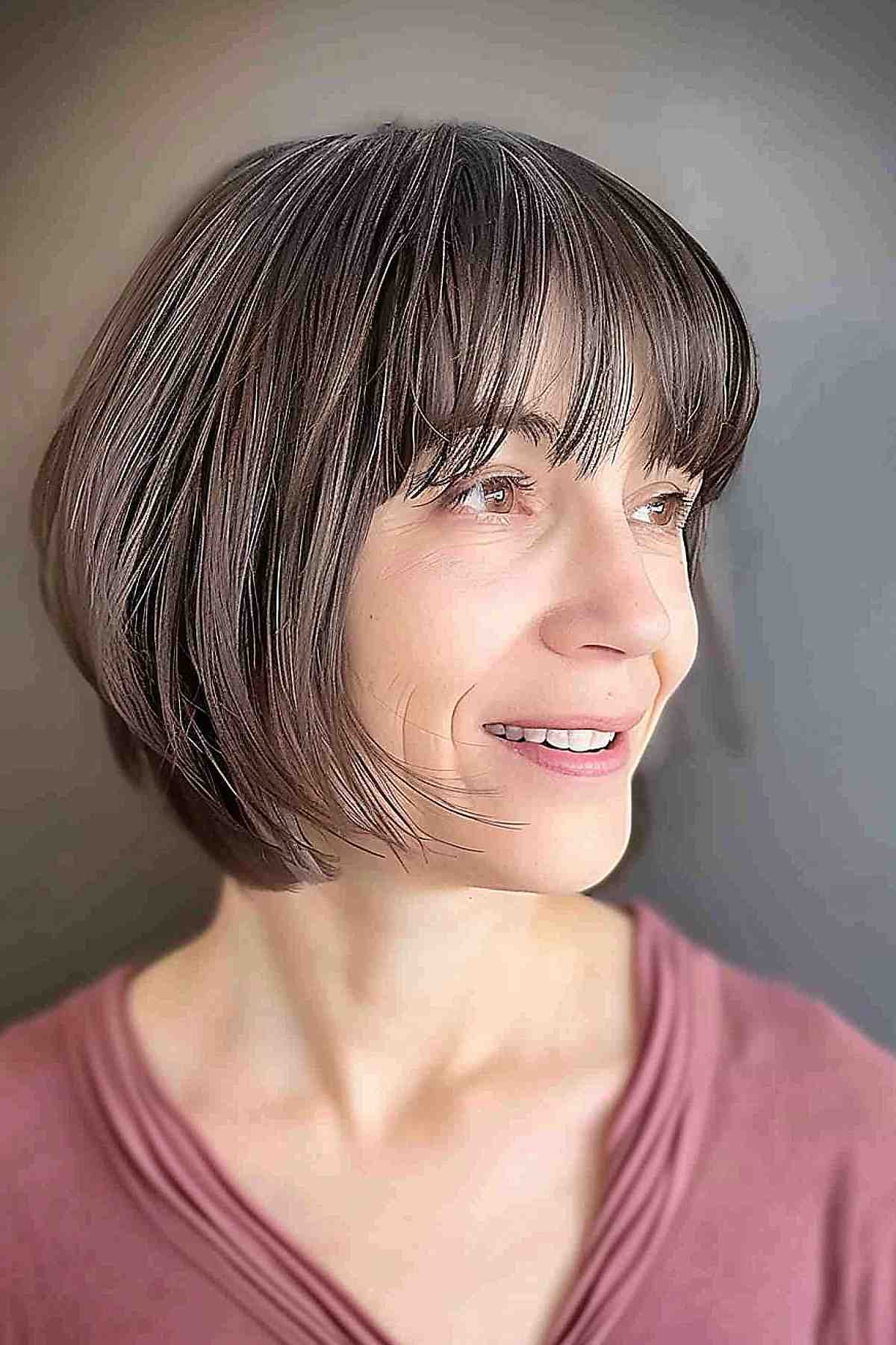 Chin-length layered bob with bangs for fine hair