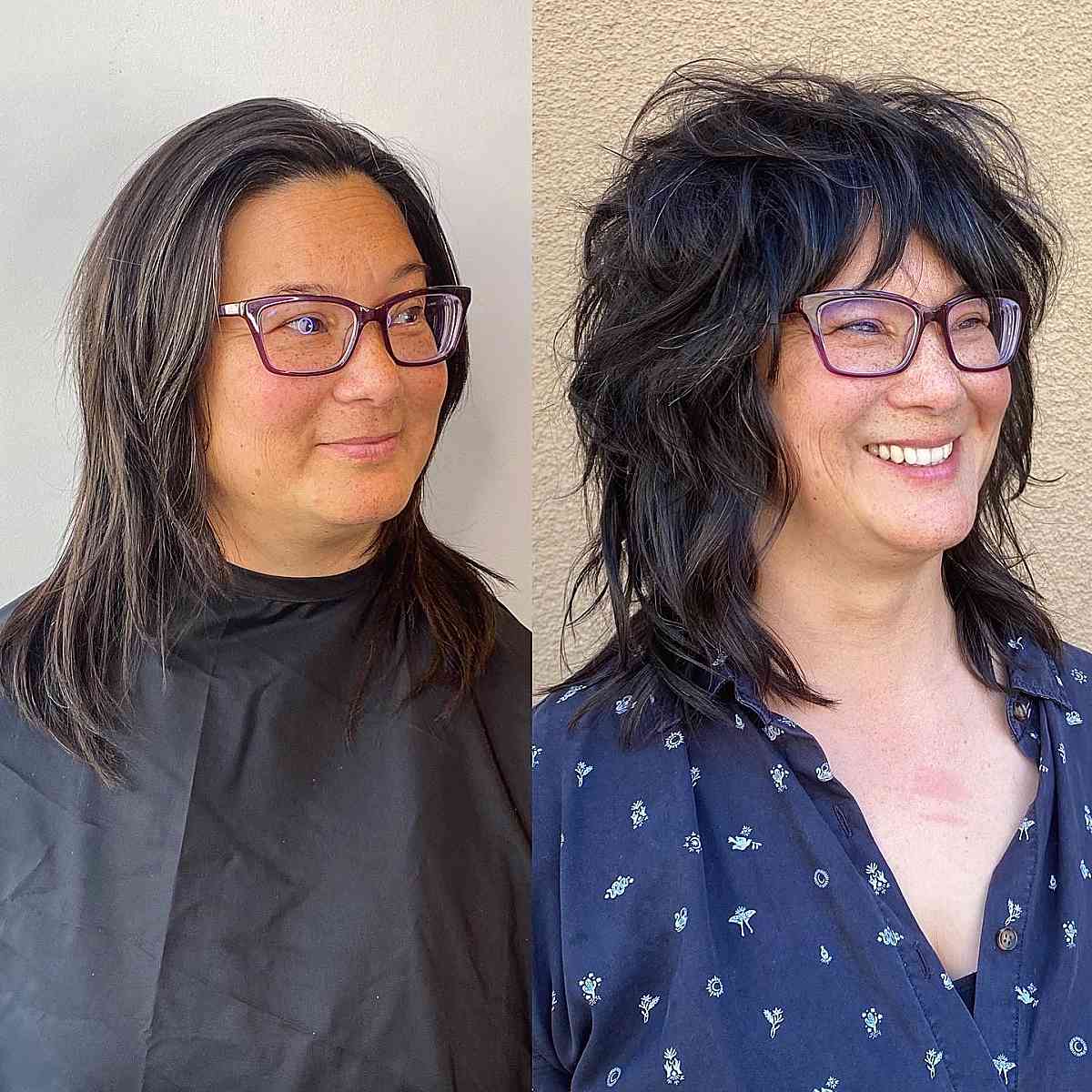 medium shag cut for older ladies with glasses