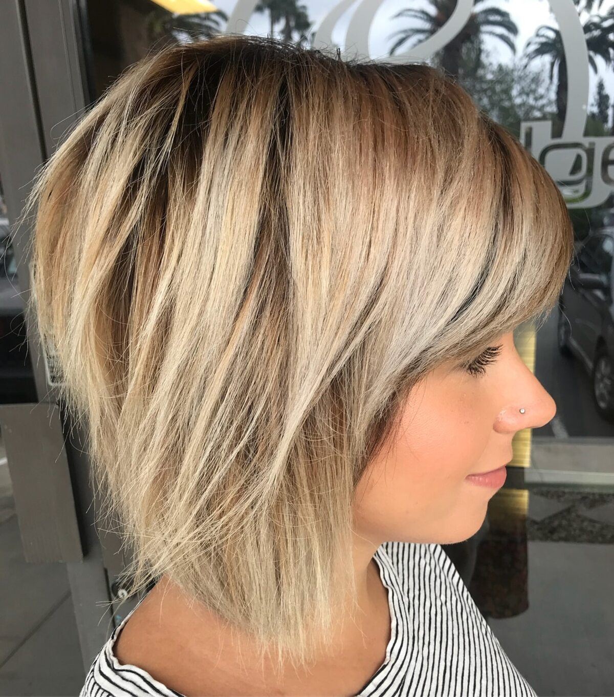 Medium-Length Stacked Bob Cut with Bangs