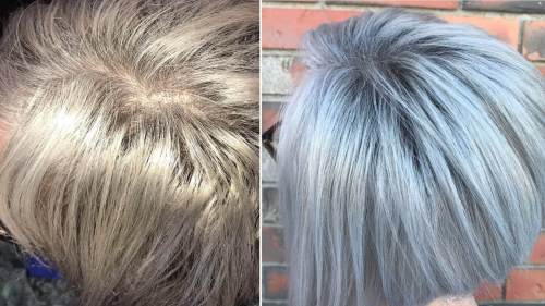 Before and After Color Correcting Salt and Pepper Hair with Purple Shampoo