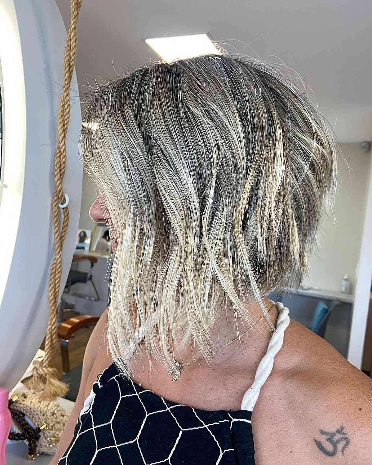 short, choppy angled bob haircut