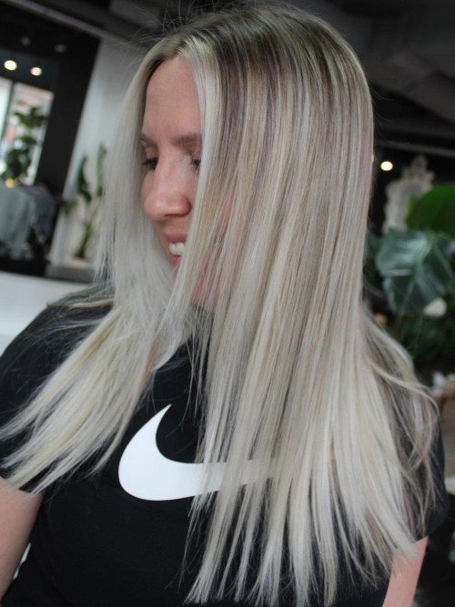 Straight Hair with Bright Blonde Balayage and Framing Streaks