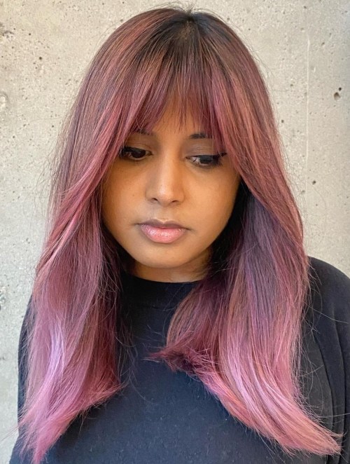 Berry Pink Balayage on Straight Brown Hair